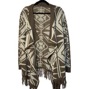 Charlotte Russe Waterfall Cardigan Sweater Aztec Print Brown Beige Fringe Boho M